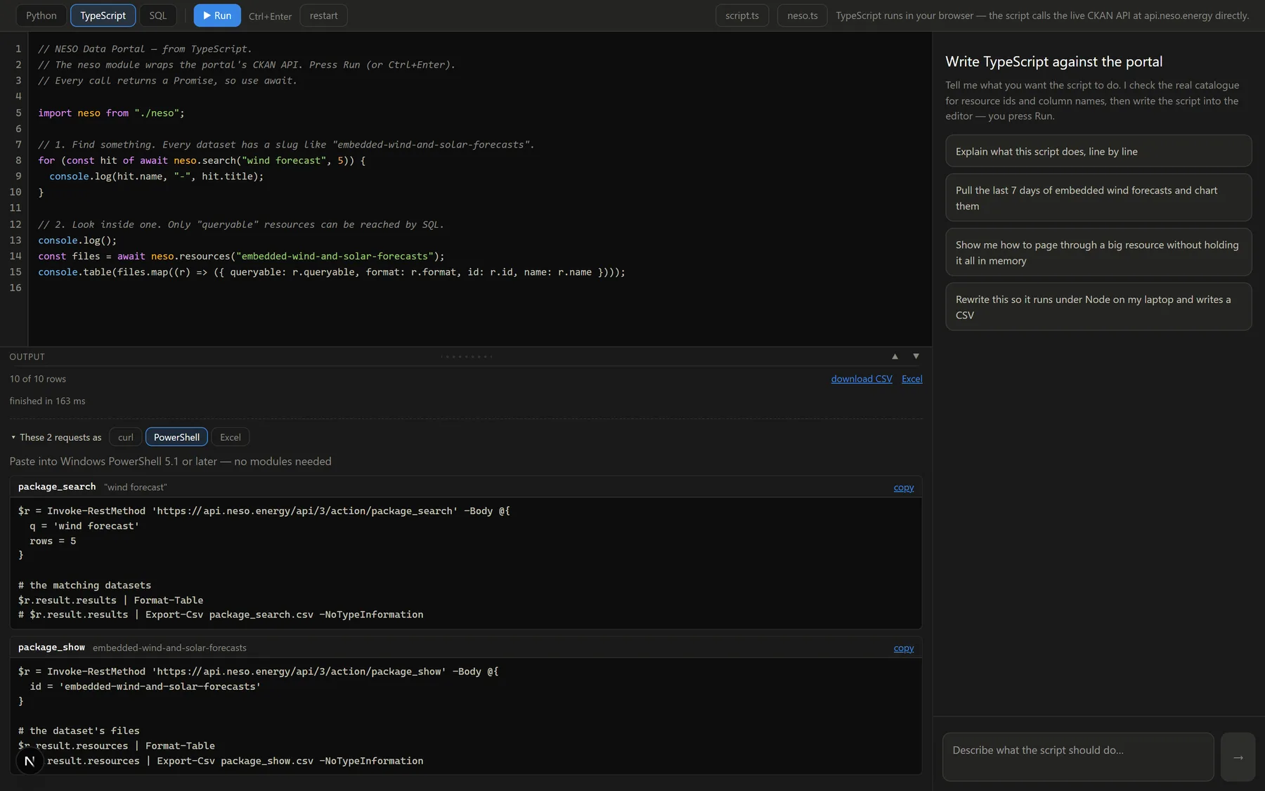 Code mode with Python, TypeScript and SQL tabs: a TypeScript script using the neso module, its output below, and the two CKAN requests it made shown as PowerShell Invoke-RestMethod snippets