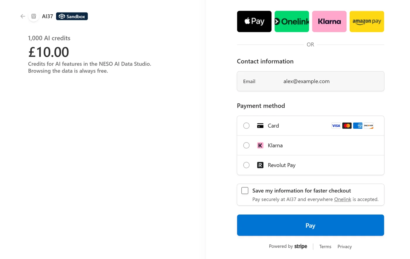 Stripe Checkout page for 1,000 AI credits at £10.00, with Apple Pay, card, Klarna and Revolut Pay options and a Pay button